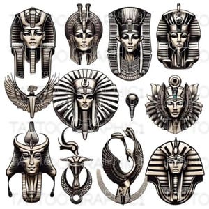 May include: A set of ten black and white digital illustrations of Egyptian pharaohs, gods, and goddesses. The illustrations are in a traditional style and feature intricate details.