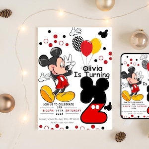 Olivia&#39;s Mickey Mouse 2nd Birthday Invitation, Personalized Kids Party Invite, Mickey Mouse Theme Party, Customizable Birthday Card