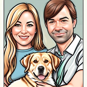 May include: A cartoon illustration of a couple with a dog. The woman has long blonde hair and is wearing a light blue shirt. The man has brown hair and is wearing a white shirt with a light blue tie. The dog is a golden retriever with brown spots and is sitting in front of the couple.