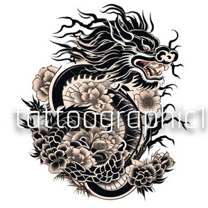 May include: Black and white illustration of a dragon with a fierce expression, surrounded by stylised flowers. The dragon's scales and the flowers are intricately detailed.