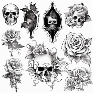 Könnte beinhalten: Schwarzweißes Tattoo-Design mit einem Schädel mit Rosen. Der Schädel hat ein detailliertes Design mit einem markanten Unterkiefer und einer Rose im Mund. Die Rosen sind stilisiert mit filigranen Details und sind um den Schädel herum angeordnet.