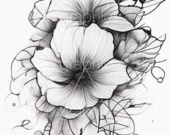 May include: A black and white line drawing of a bouquet of flowers. The flowers are drawn in a realistic style, with delicate petals and intricate details. The bouquet is arranged in a loose, flowing style, with the flowers cascading down the page.