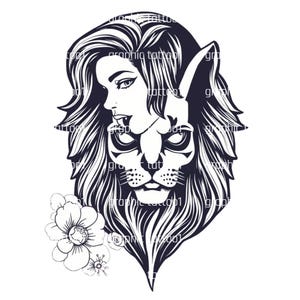 Girl Lion Art Tattoo Clipart | PNG Files for PDF, Sublimation and Stencils | Digital Tattoo Art for Merch Design and Traditional Tattoos