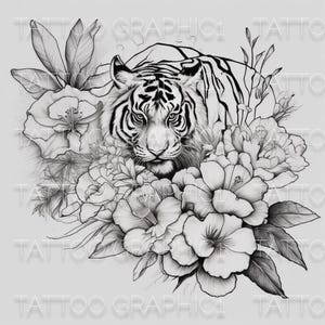 Tiger Tattoo Designs for Women | 10 Ready to Download Stencil Outlines | Floral Hibiscus & Peony Inspired
