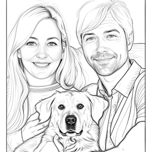 May include: A black and white line drawing of a couple and their dog. The woman has long hair and is wearing a necklace. The man has short hair and is wearing a collared shirt. The dog is a golden retriever.