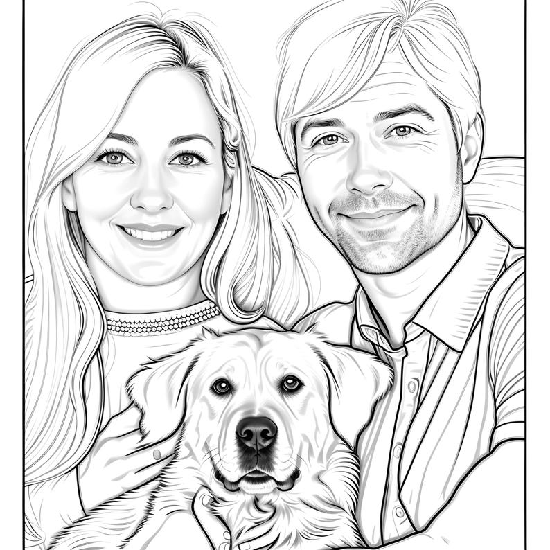 May include: A black and white line drawing of a couple and their dog. The woman has long hair and is wearing a necklace. The man has short hair and is wearing a collared shirt. The dog is a golden retriever.