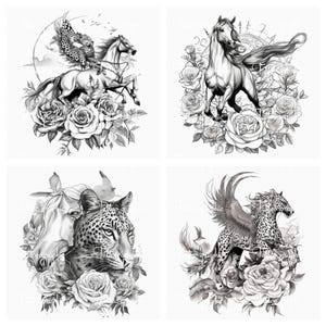 Wild Animal Tattoo Bundle - Lion, Tiger, Wolf, Horse & Leopard Digital Designs for Creative Projects