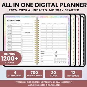 May include: A digital planner with a colorful cover and a daily planner page. The planner includes 700 pages, 20 covers, and 12 notebooks. It is compatible with Goodnotes, Notability, Zinnia, Noteshelf, Xodo Kilonotes, and Zoomnotes. The planner includes 1200+ stickers. The text on the image reads "All in One Digital Planner 2025-2026 & Undated-Monday Started".