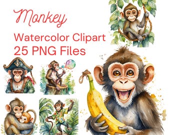 Adorable Watercolor Monkey Clipart Set - Perfect for Invitations, Crafts, and Nursery Decor | 25 Hand-Painted PNG Illustrations