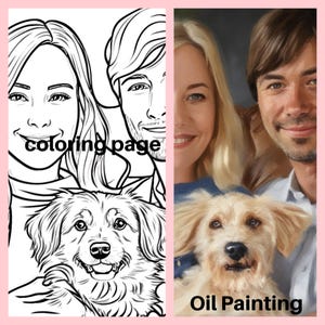 May include: A black and white coloring page of a couple and a dog. The couple is holding the dog. The text "coloring page" is written on the image. On the right side of the image is a color oil painting of the same couple and dog.