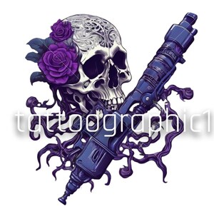 Op de afbeelding: Een paarse en witte schedel met een tatoeagemachine en paarse rozen. De schedel heeft ingewikkelde details en de tatoeagemachine is blauw en zilver.