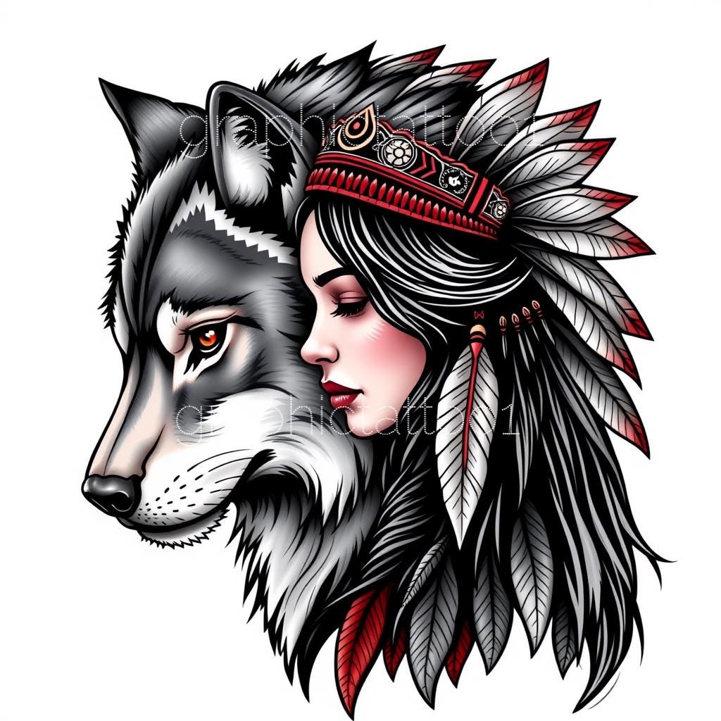 Unique Native American Girl Wolf Tattoo Art - High-res PNG Download, Boho  Printable Decor for Home \u0026 Office - Etsy, image size:1024x1024