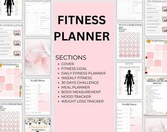 May include: A fitness planner with sections for fitness goals, daily and weekly fitness tracking, a 30-day challenge, and meal planning. The planner is in pink and white, and includes a body measurement chart. The text "Fitness Planner" is visible.