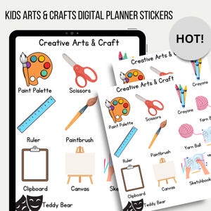 Op de afbeelding: Een set digitale planner stickers voor kinderkunst en -ambacht. De stickers bevatten kleurrijke illustraties van kunstbenodigdheden, waaronder verfpaletten, scharen, linialen, kwasten, canvas, klemborden, teddyberen, kleurpotloden, garenbollen en schetsboeken. De stickers zijn gelabeld met de naam van elk item.