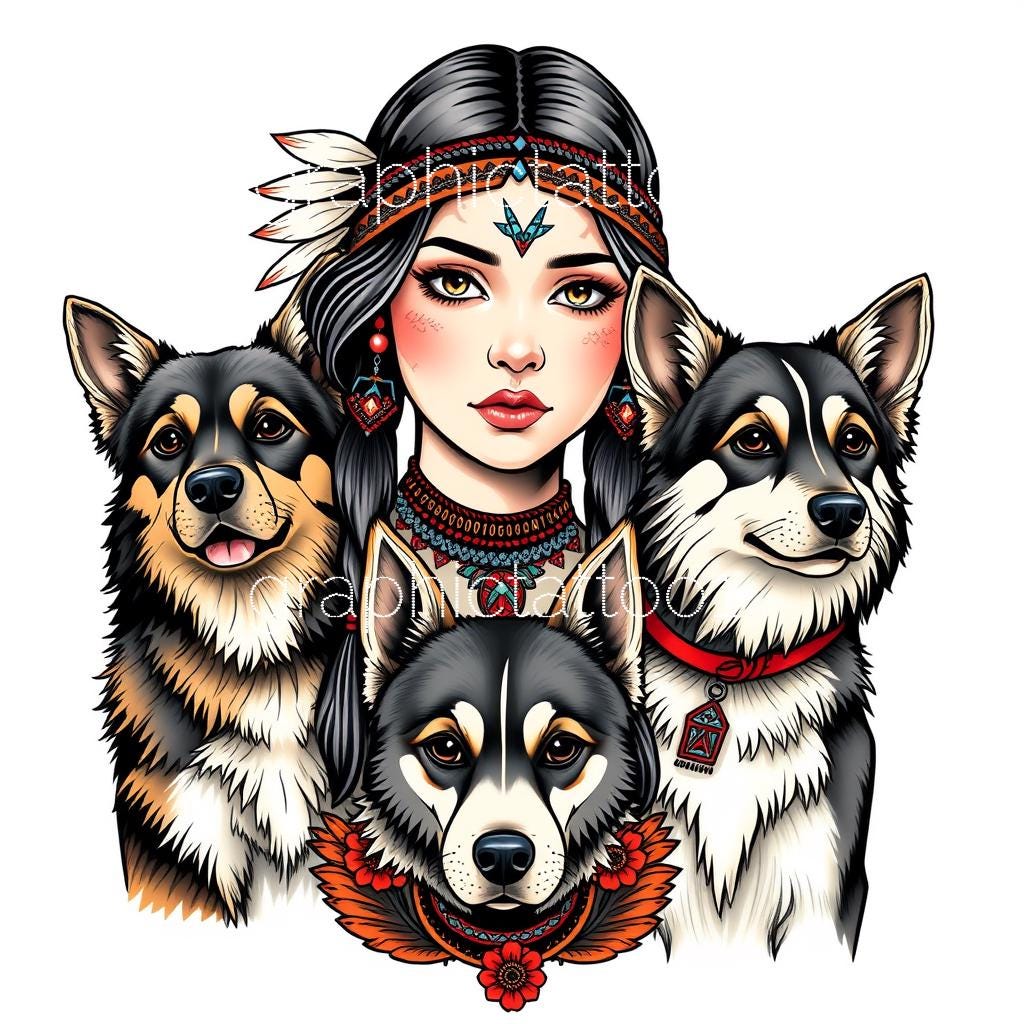ユニークなネイティブアメリカンの少女と犬のカラータトゥーアート | スクラップブッキングクラフト用の高解像度PNGダウンロード - Etsy 日本, image size:1024x1024