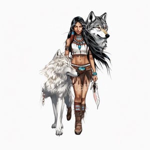 Puede incluir: Una mujer con el pelo largo y negro que lleva un top blanco y una falda marrón con detalles turquesa se encuentra de pie con dos lobos. Un lobo es blanco y el otro es gris.