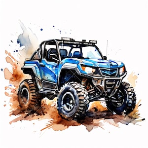 UTV Watercolor Clipart - 10  Utility Task Vehicle Illustrations for Boys & Girls, Off-Road Racing PNG, Commercial Use