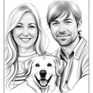 May include: A black and white pencil drawing of a couple and their dog. The woman has long blonde hair and is wearing a striped shirt. The man has short brown hair and is wearing a button-down shirt. The dog is a golden retriever and is sitting in front of the couple.