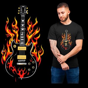 Puede incluir: Una guitarra eléctrica negra con herrajes dorados se coloca sobre un fondo de llamas rojas y amarillas. La guitarra tiene un solo corte y una pala puntiaguda.