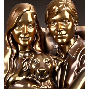 May include: A gold-toned sculpture of a couple and their dog. The woman is on the left, the man is on the right, and the dog is in the center. The sculpture is made of a smooth, shiny material.