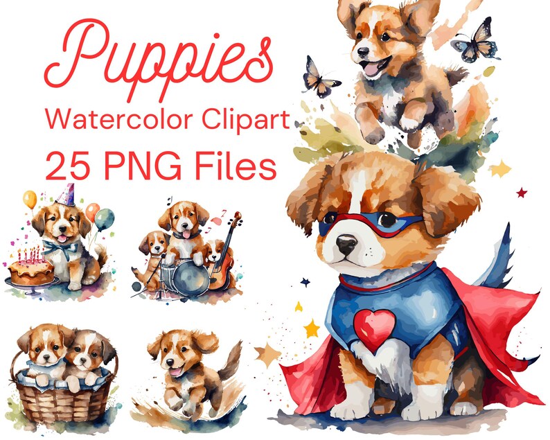 Watercolor Puppy Clipart Bundle - High-quality Hand-painted Digital ...