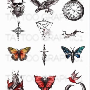 Conjunto de tatuajes de mariposas botánicas caprichosas: paquete de tatuajes florales femeninos PNG, tatuajes temporales inspirados en la naturaleza, arte para la decoración corporal