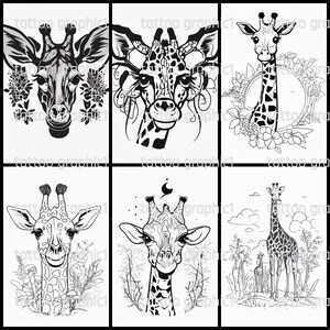 Pode incluir: Uma coleção de seis ilustrações de girafas em preto e branco. Cada imagem apresenta uma interpretação artística diferente de uma girafa, com diversos elementos florais e naturais. O estilo evoca a arte da tatuagem.
