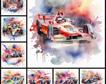 15 Rennwagen Clipart - Hochwertige JPGs - Digitale Downloads - Kommerzielle Nutzung, Aquarell, Druckbare Medien, Digitales Papiermodell, Sport
