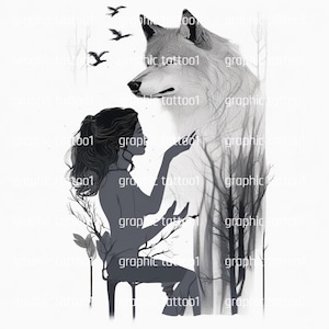 Wolf Girl Tattoo Design - High Resolution Digital Art PNG & Printable SVG Tattoo Stencil for Instant Download