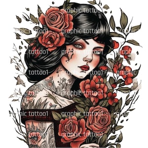 Bouquet Girl Tattoo Art Digital Download | Traditional Artwork for Home Decor & Unique Gifts