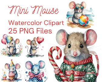 Whimsical Watercolor Mouse Clipart Bundle for DIY Crafts & Digital Prints - 25 PNG Illustrations for Junk Journals - Invitations