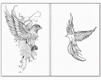 May include: A black and white line drawing of two birds in flight. The bird on the left is a hawk with its wings spread wide. The bird on the right is a swallow with its wings spread wide. Both birds are drawn in a realistic style.
