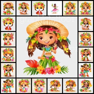 Hawaiian Hula Girl Clipart Watercolor Tropical Beach PNG Bundle Luau Party Decor