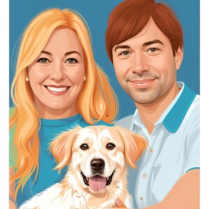 May include: A portrait of a couple smiling with their golden retriever dog. The woman has blonde hair and is wearing a blue shirt. The man has brown hair and is wearing a white shirt with a blue collar. The dog is sitting in front of them and has its tongue sticking out.