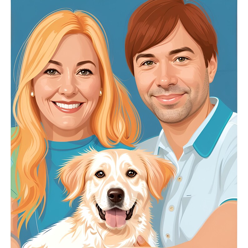 May include: A portrait of a couple smiling with their golden retriever dog. The woman has blonde hair and is wearing a blue shirt. The man has brown hair and is wearing a white shirt with a blue collar. The dog is sitting in front of them and has its tongue sticking out.