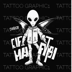 May include: Black and white illustration of an alien wearing a jacket with the text "ELF" and "FBI" on either side of the figure.
