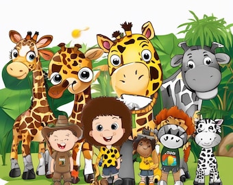 Op de afbeelding: Een groep cartoondieren, waaronder giraffen, zebra's en een aap, samen met een meisje en een jongen, die allemaal samen in een jungle-omgeving staan.