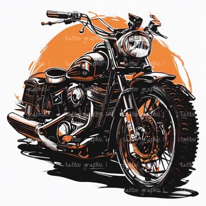 May include: A black and chrome motorcycle with a large front wheel and a brown leather seat. The motorcycle is set against a bright orange background.