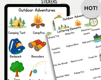May include: Digital planner stickers for kids featuring outdoor adventure themes. Includes illustrations of a camping tent, campfire, backpack, binoculars, tree, and fishing rod. Additional stickers with phrases like "Explore More" and "Hiking Day".