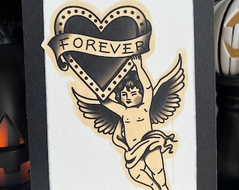 Cherub Holding Heart Traditional Tattoo Design Print With 'forever