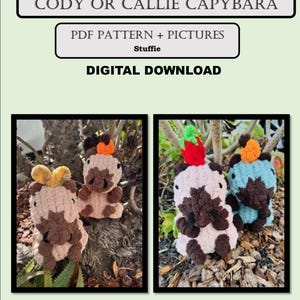 May include: Two crocheted capybara stuffed animals, one brown and one pink, with brown spots. Both are wearing a small crocheted fruit on their head. The brown capybara is wearing an orange fruit and the pink capybara is wearing a red fruit. The capybaras are sitting on a bed of brown mulch.