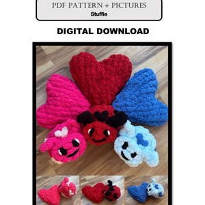 May include: A digital download image featuring crochet patterns for mini ladybugs and hearts. The image showcases various finished crochet items in red, pink, and blue, including hearts and ladybug designs. Text on the image reads "MINI LADYBUG + MINI HEART" and "DIGITAL DOWNLOAD."