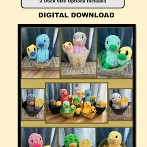 May include: A digital download image featuring crochet ducklings and eggs in various colors, including blue, pink, green, and yellow. The text "QUACK QUACK DUCK + EGG" and "PDF PATTERN + PICTURES" are displayed at the top.