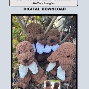May include: A digital download image featuring four brown crocheted walrus stuffed animals with white accents. The text "WALTER & WILMA WALRUS" and "4-IN-1 PDF PATTERN + PICTURES" are displayed at the top. The words "Stuffie + Snuggler" and "DIGITAL DOWNLOAD" are also visible.