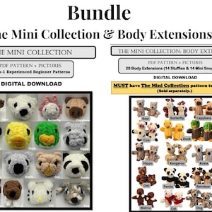 Może przedstawiać: Cyfrowy pakiet do pobrania zawierający wzory PDF The Mini Collection i Body Extensions. Zawiera 14 wzorów dla początkujących na szydełkowane głowy zwierząt oraz 28 rozszerzeń korpusów dla pluszaków i małych przytulanek z różnymi wzorami.
