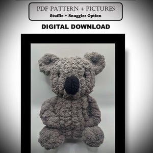 May include: A gray crocheted koala plush toy. The toy is sitting on a white surface. The text "KINGSTON THE KOALA" is at the top of the image. The text "PDF PATTERN + PICTURES" is below the first line of text. The text "Stuffie + Snuggler Option" is below the second line of text. The text "DIGITAL DOWNLOAD" is below the third line of text.