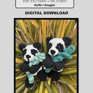 May include: Two crocheted panda plushies with black and white fur, holding green and blue yarn. The plushies are sitting in a bed of green and yellow foliage. The text "Peanut the Panda + Bamboo" is at the top of the image. The text "PDF Pattern + Pictures" is in a white box with a black border. The text "Stuffie + Snuggler" is in a smaller white box with a black border. The text "Digital Download" is in a white box with a black border.