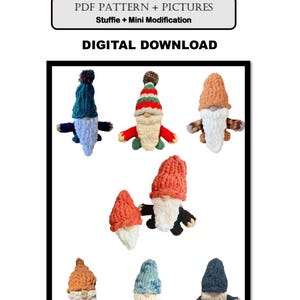 May include: The image displays a digital download titled "Gnome Friend." It features several handmade gnome plushies with diverse coloured hats, beards, and outfits. The gnomes are in various colours, including blue, red, orange, and white. The text "PDF PATTERN + PICTURES" is also visible.