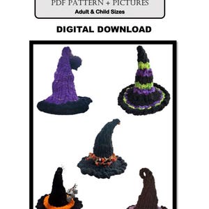 Häxhatt, vuxen- och barnstorlekar, (ingen videoinstruktion) Medel PDF-mönster + bilder, fingerstickning, handstickning, häxa, mössa