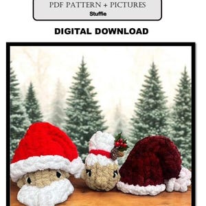 May include: A digital download featuring a PDF pattern with pictures for making mini Santa Claus and Mrs. Claus plushies. The image shows three plushies with red and white Santa hats, and a Mrs. Claus plushie with a burgundy hat. The background features evergreen trees.